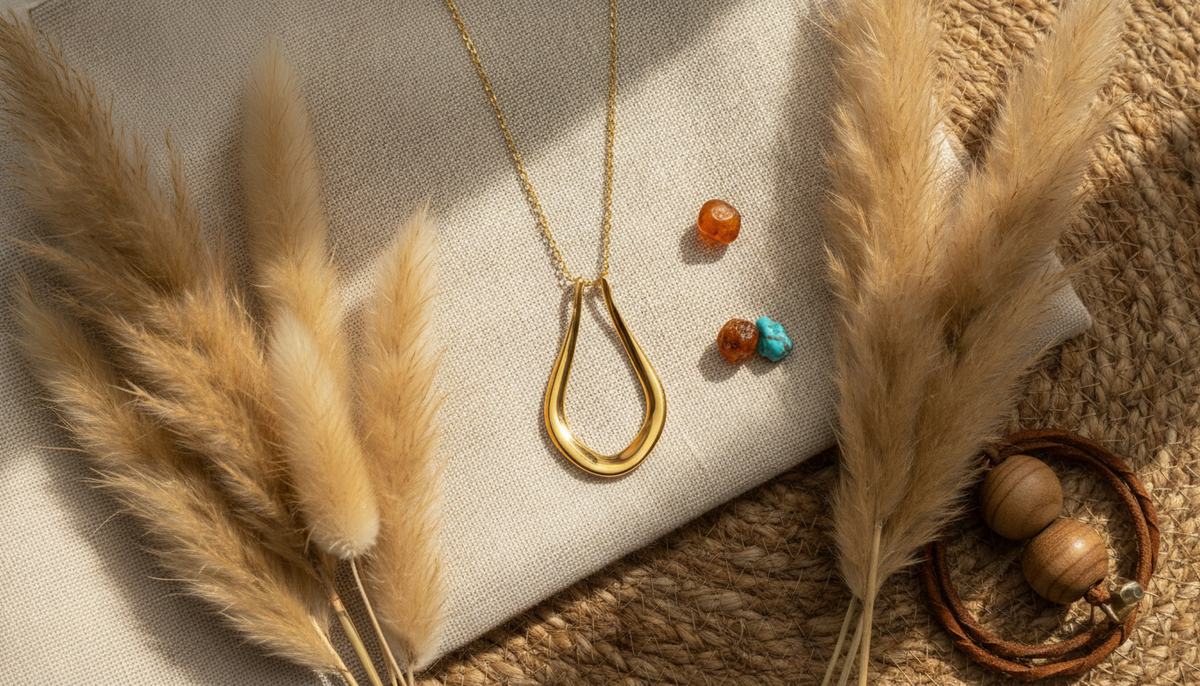 Ring Holder Necklace by Forge and Lumber. 18k gold plated chain on mossy stone at castle ruins.