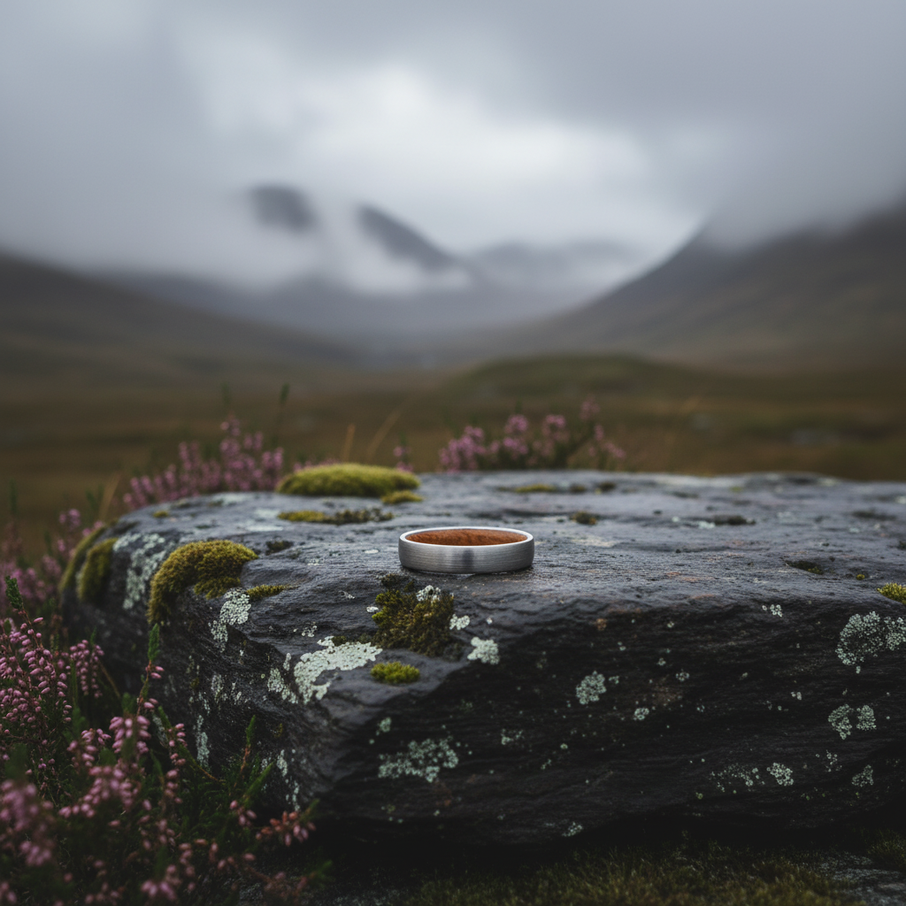 Silver 4mm wedding band by Forge and Lumber resting on a rocky surface with a misty landscape in the background.